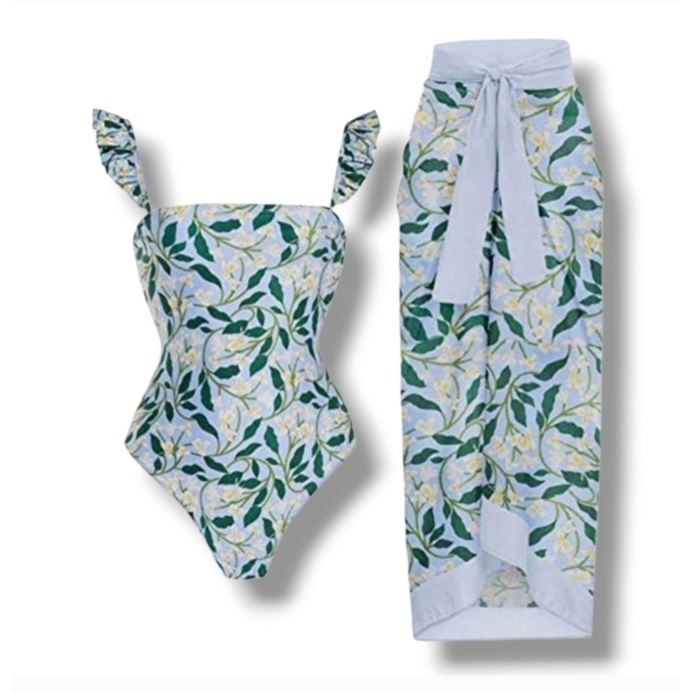 YONIQUE - Small Floral One Piece With Coverup Skirt
